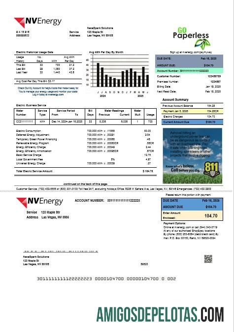 realista Modelo de conta de serviços públicos de energia dos EUA Nevada NV em formatos Word e PDF